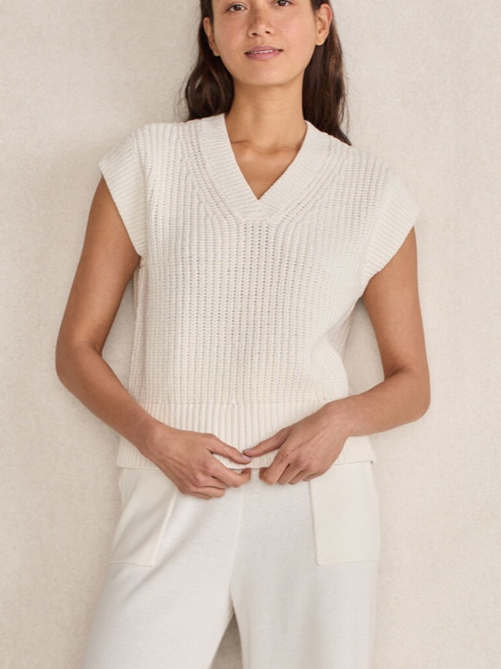 Talbots Haven Well Within Organic Cotton Linen Shaker Stitch V Neck Sweater L